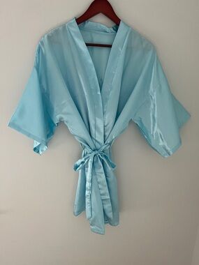 EPLAZA Acid Blue Satin Bridesmaid Rhinestone Robe Kimono Wrap for Women Size O/S